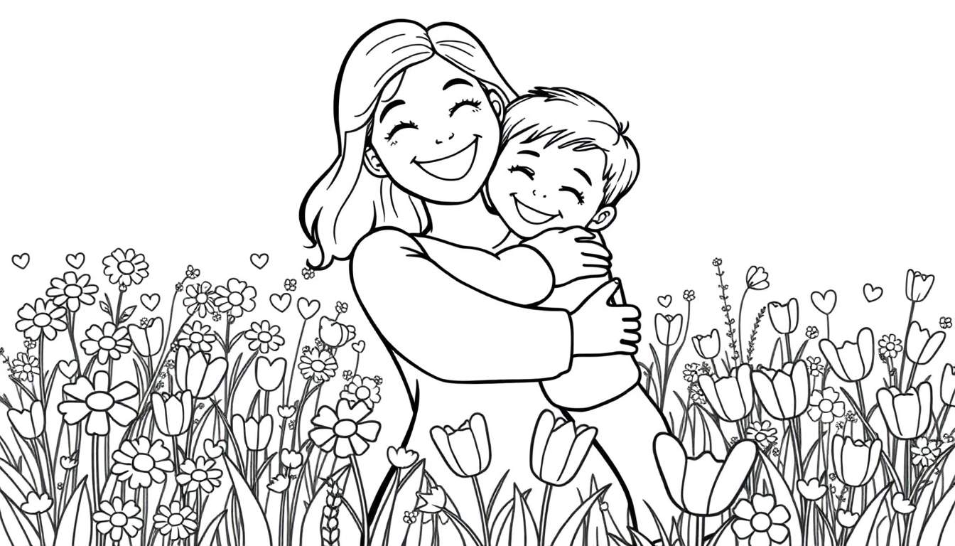 A mom and child hug in a flower field, a Mother's Day color panel.