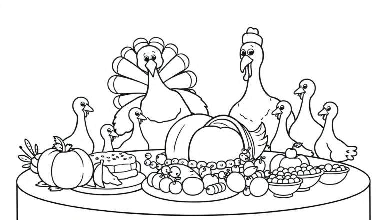 A black and white coloring panel of a turkey family at a Thanksgiving feast.
