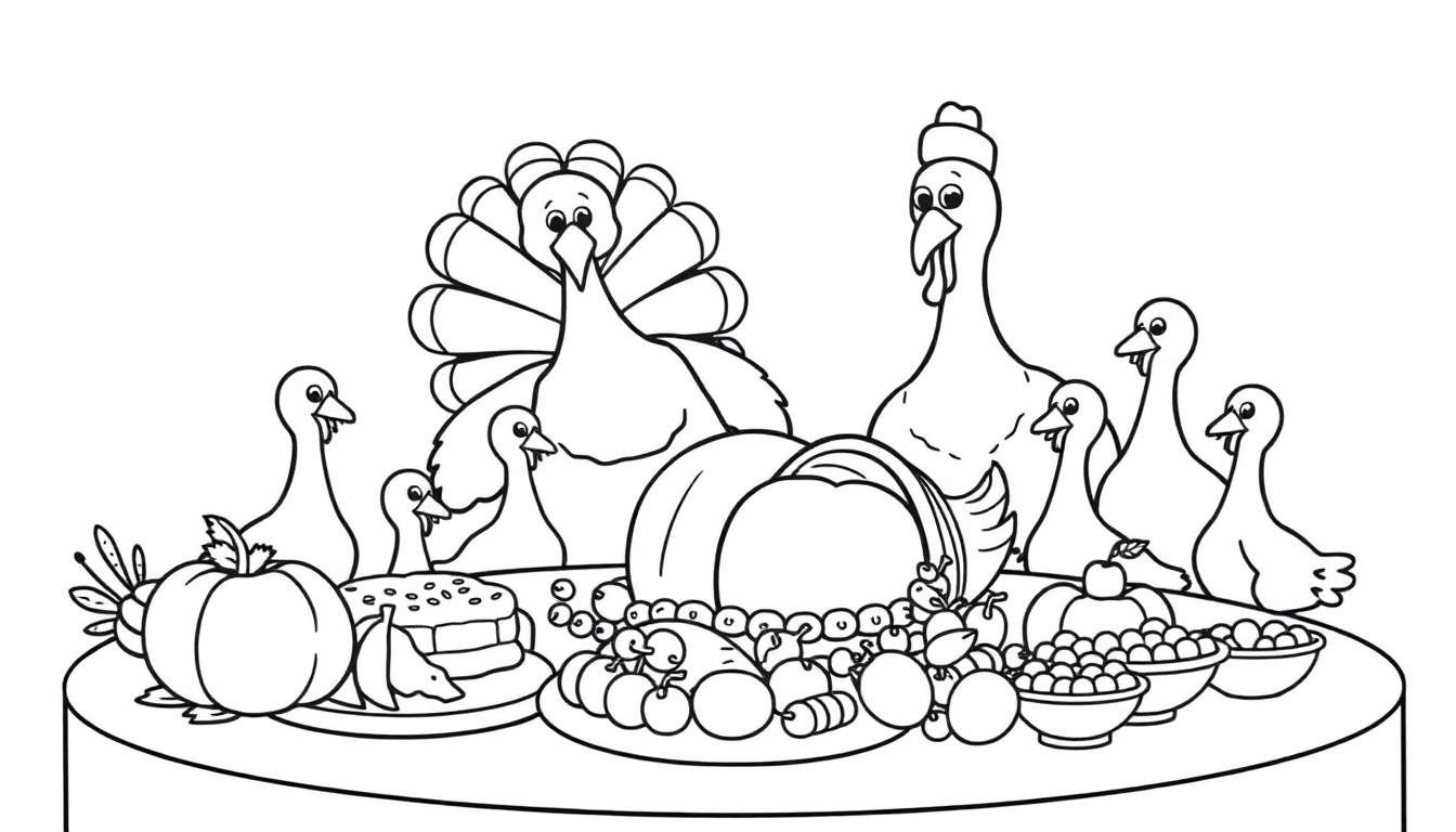 A black and white coloring panel of a turkey family at a Thanksgiving feast.