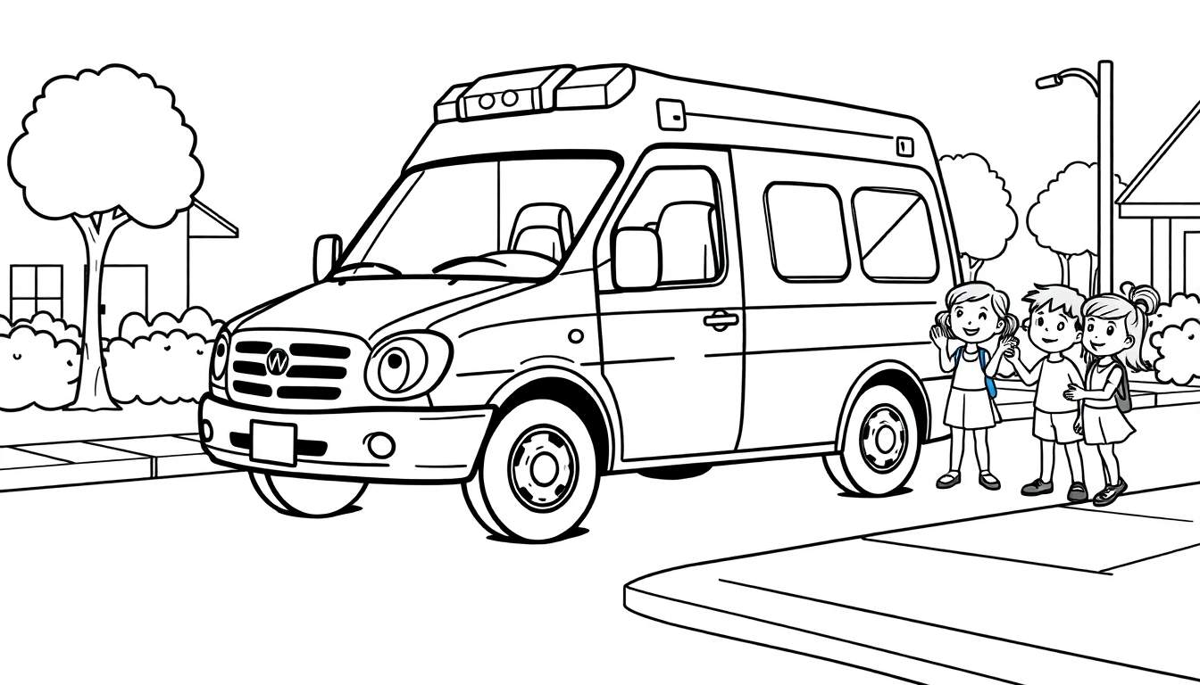 A line drawing color panel of a minivan with a light bar, and three children waving on a sidewalk.