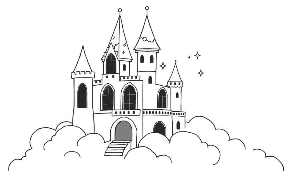 A whimsical castle in the clouds, perfect for a coloring panel.