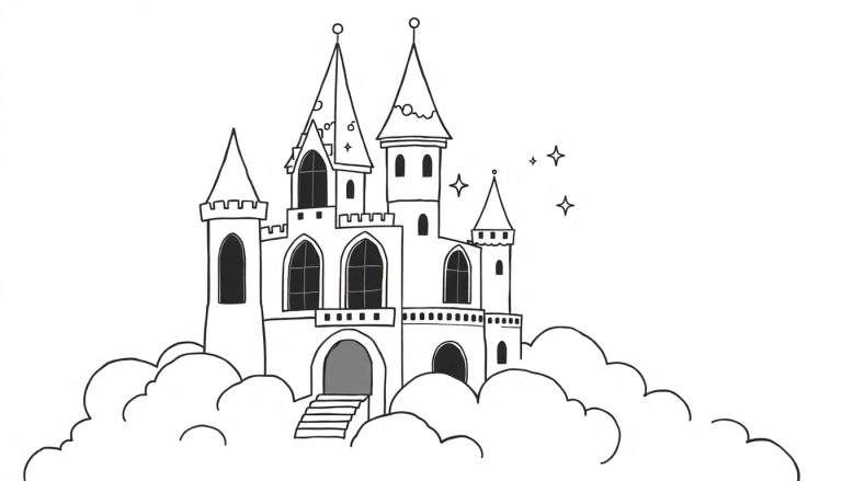 A whimsical castle in the clouds, perfect for a coloring panel.