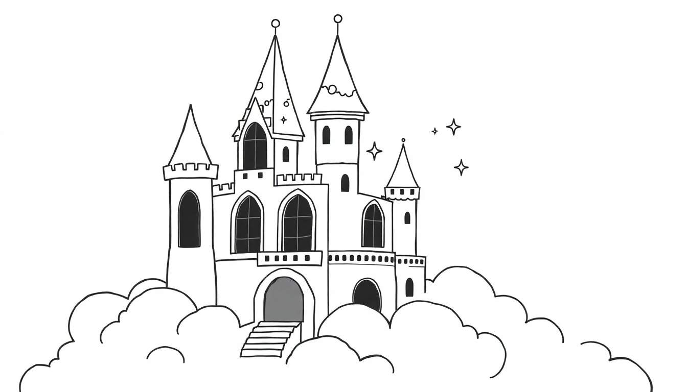 A whimsical castle in the clouds, perfect for a coloring panel.