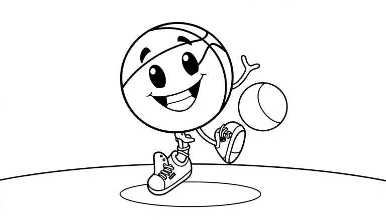 A happy basketball character waving and kicking a smaller ball on a color panel.