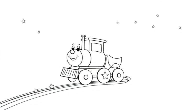 A friendly cartoon train chugging along a rainbow color panel track through a starry night sky, perfect for a black and white coloring page.
