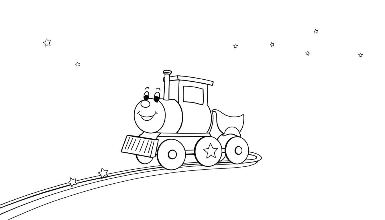 A friendly cartoon train chugging along a rainbow color panel track through a starry night sky, perfect for a black and white coloring page.