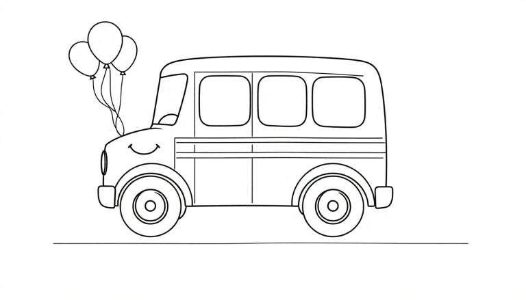 A cheerful cartoon van with a smiling face and three colorful balloons, a fun color panel for kids.