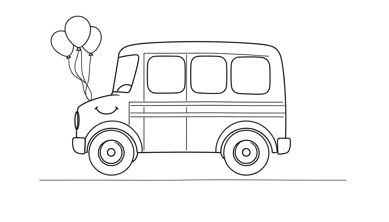 A cheerful cartoon van with a smiling face and three colorful balloons, a fun color panel for kids.