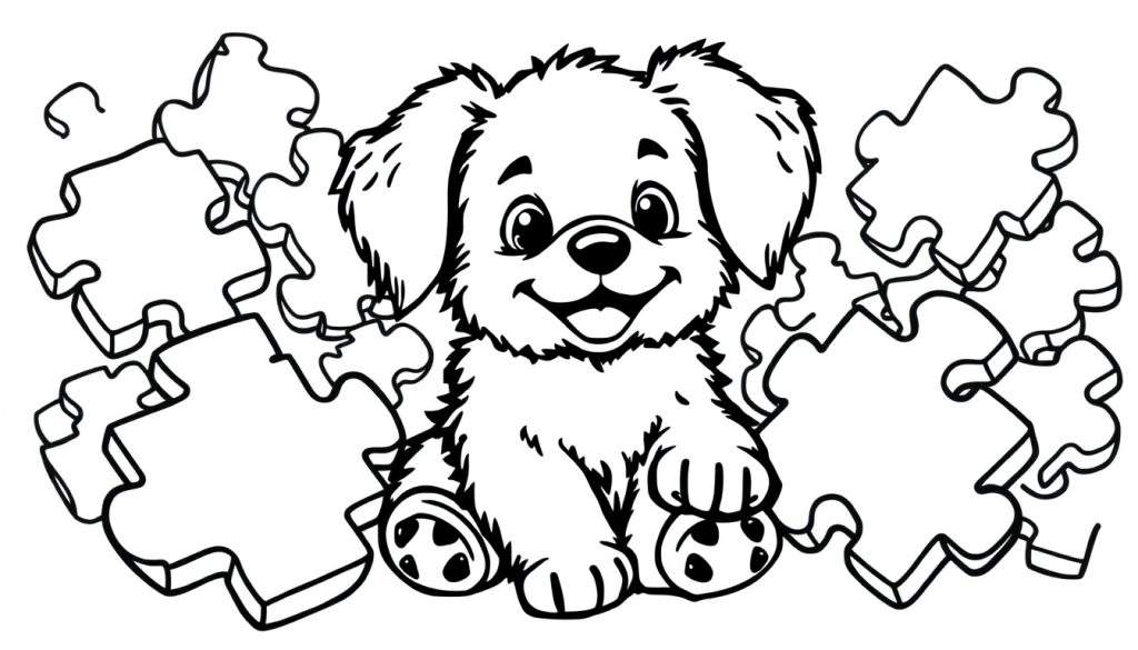 A cute, fluffy puppy in a black and white color panel mosaic, surrounded by colorful puzzle pieces, ready for coloring.
