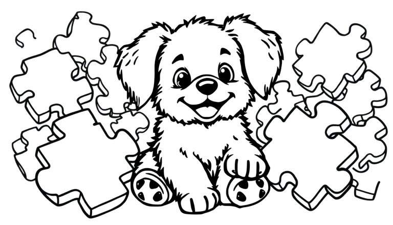 A cute, fluffy puppy in a black and white color panel mosaic, surrounded by colorful puzzle pieces, ready for coloring.