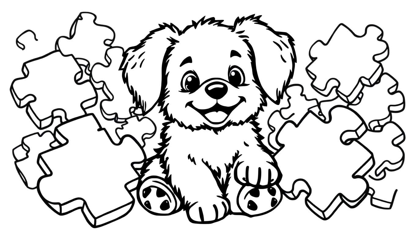 A cute, fluffy puppy in a black and white color panel mosaic, surrounded by colorful puzzle pieces, ready for coloring.
