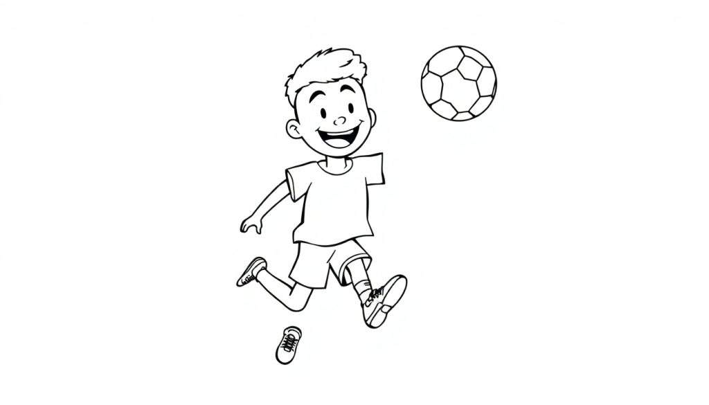 A happy cartoon boy kicking a soccer ball, a black and white color panel.