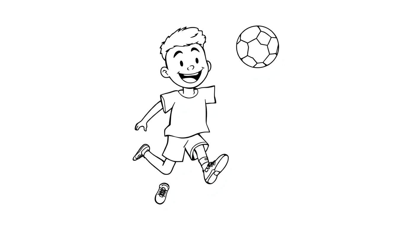 A happy cartoon boy kicking a soccer ball, a black and white color panel.