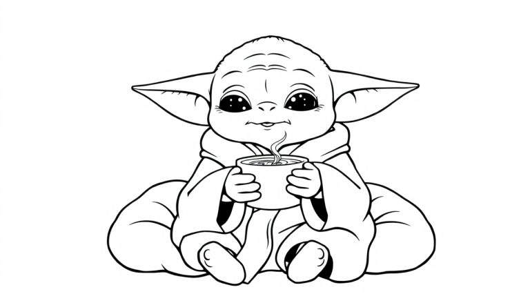 Grogu with a warm drink, a coloring panel.
