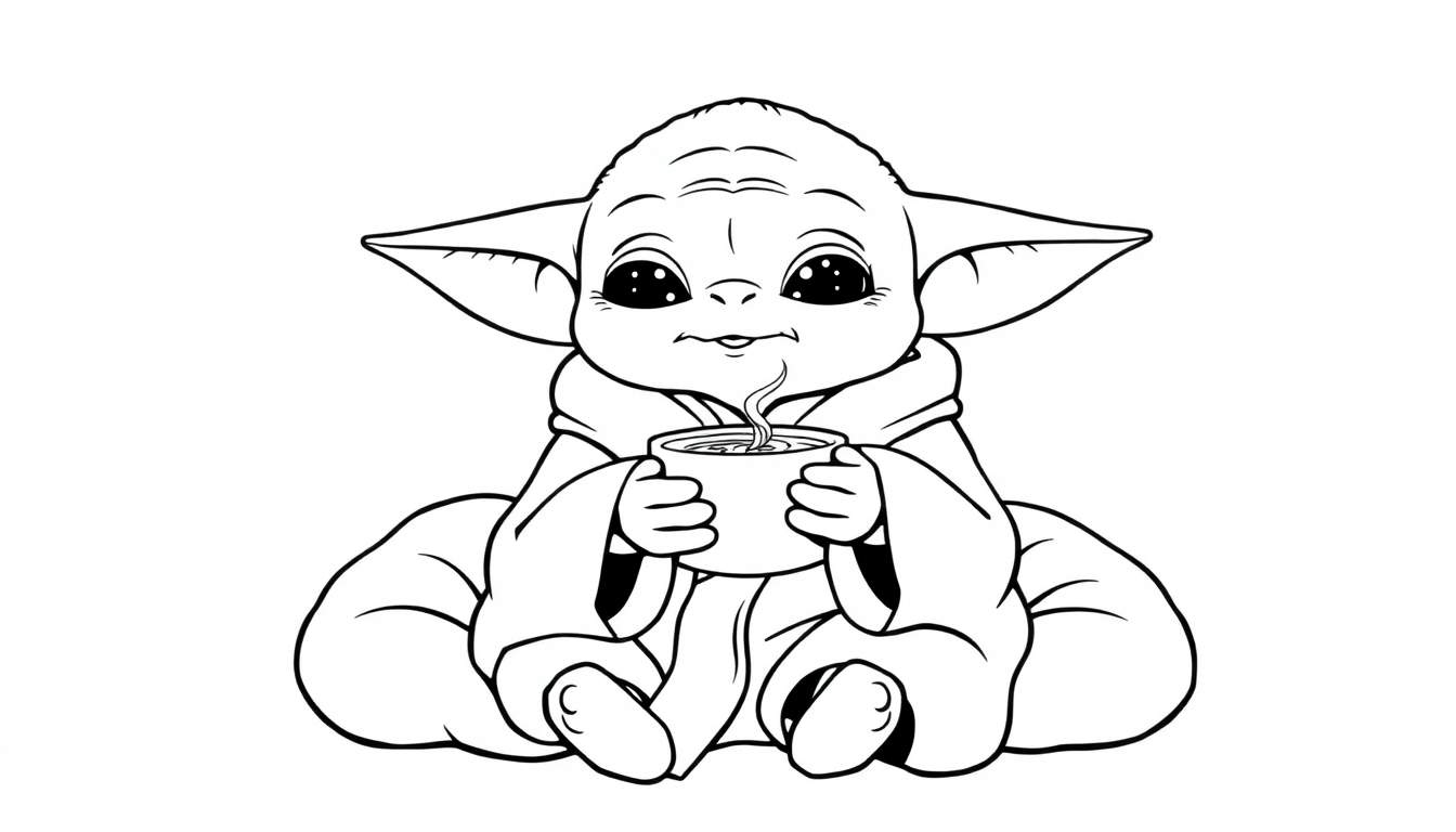 Grogu with a warm drink, a coloring panel.