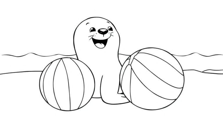 A happy baby seal with two striped balls, a black and white coloring page.