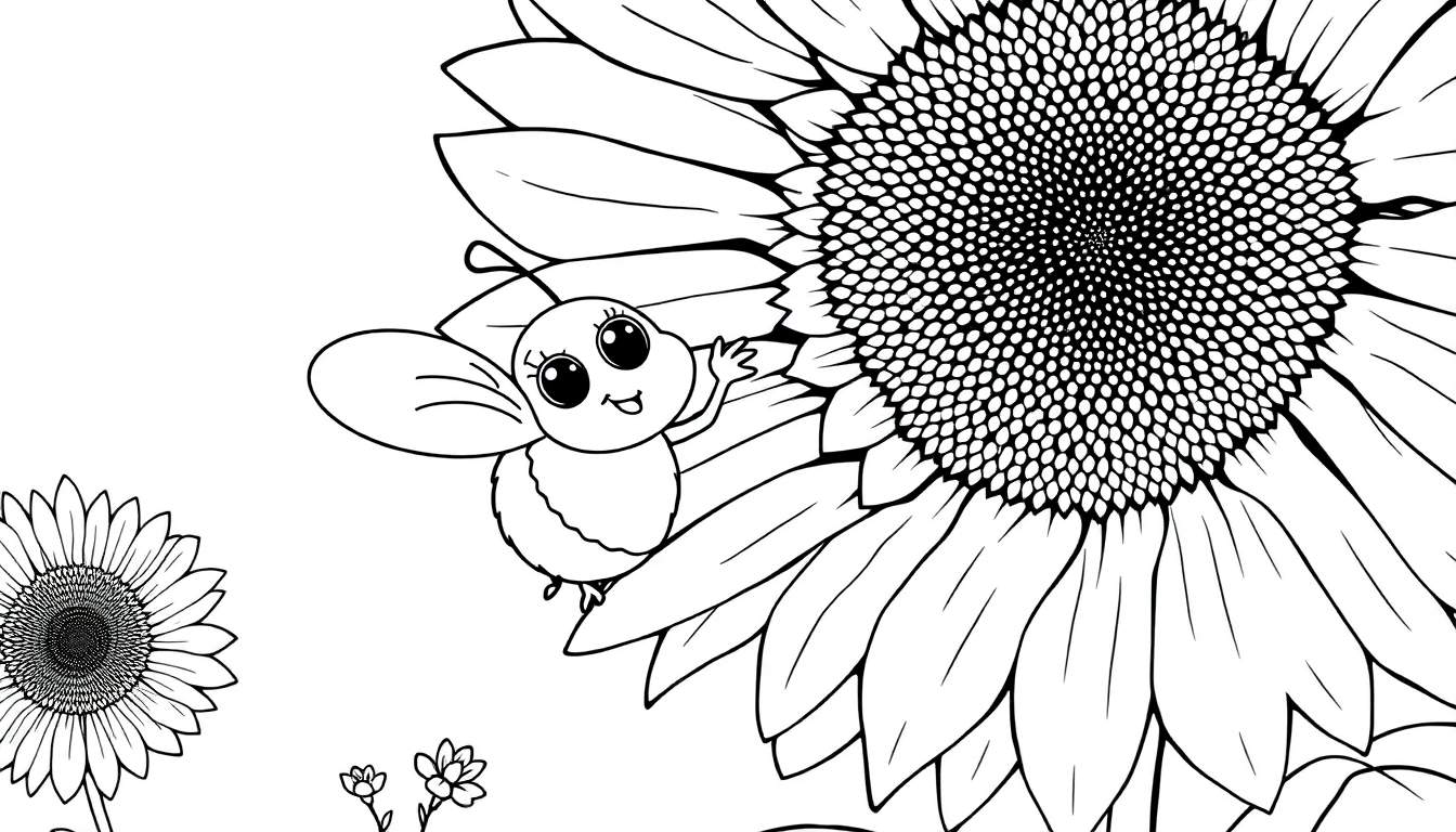 A cheerful bee waving next to a giant sunflower in a color panel.