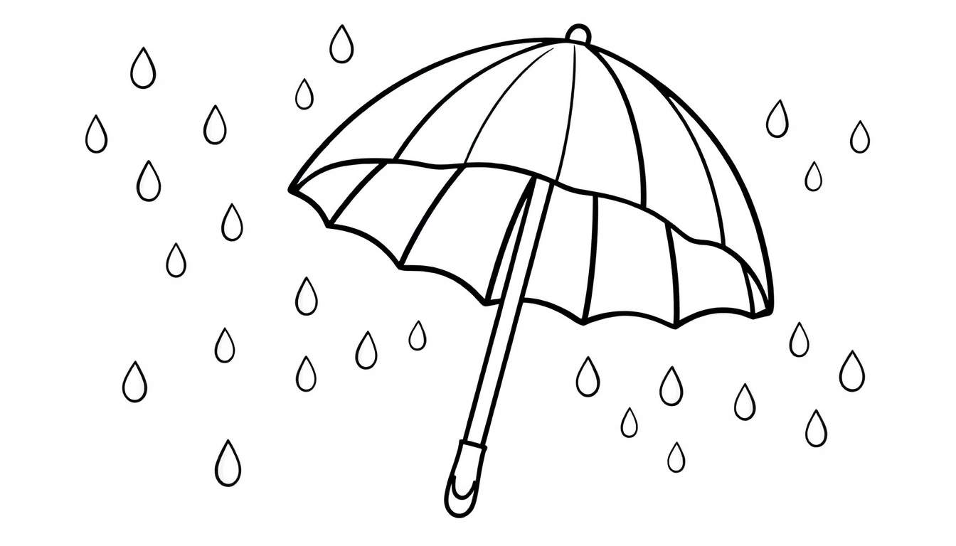 A black and white coloring panel of an umbrella catching raindrops.