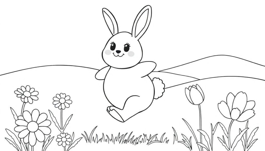 A happy bunny in a black and white color panel, surrounded by flowers and green grass.