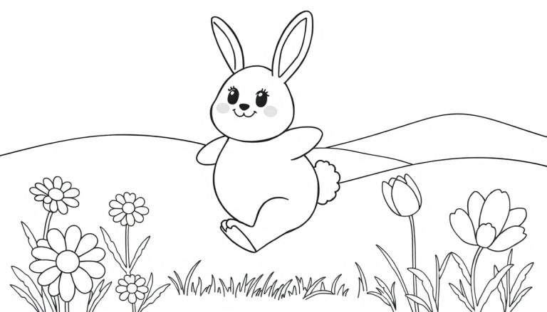 A happy bunny in a black and white color panel, surrounded by flowers and green grass.