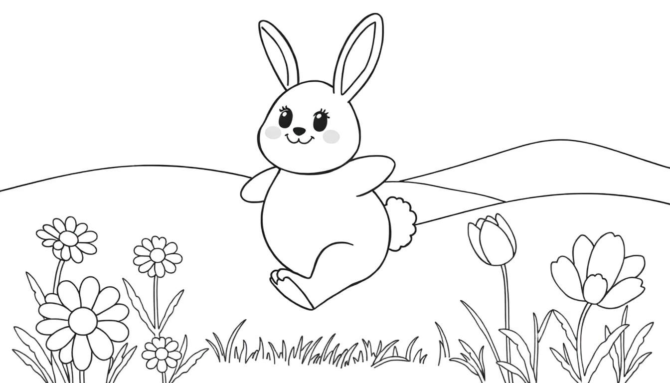 A happy bunny in a black and white color panel, surrounded by flowers and green grass.