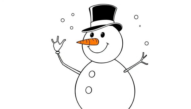 A friendly snowman coloring page with a top hat and carrot nose. This black and white color panel is perfect for creative fun.