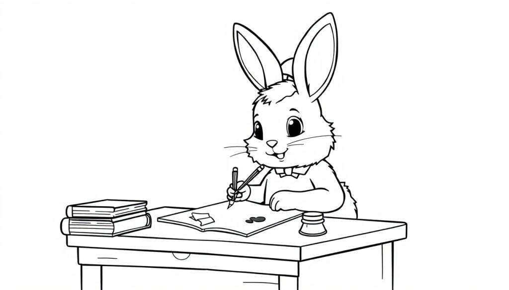 A cute bunny in a bow tie writing at a desk with a pencil, shown on a black and white color panel.