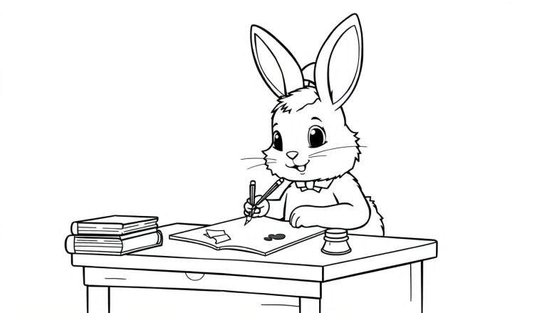 A cute bunny in a bow tie writing at a desk with a pencil, shown on a black and white color panel.