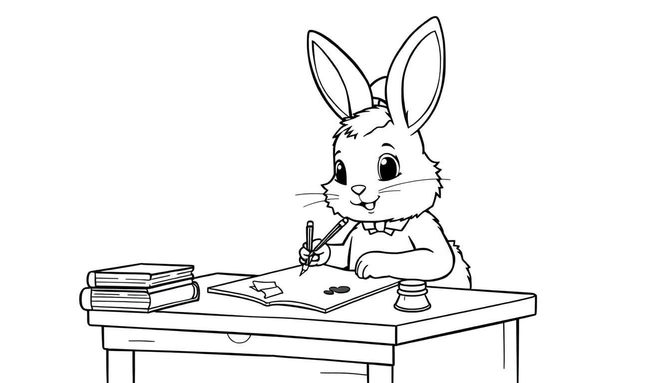 A cute bunny in a bow tie writing at a desk with a pencil, shown on a black and white color panel.