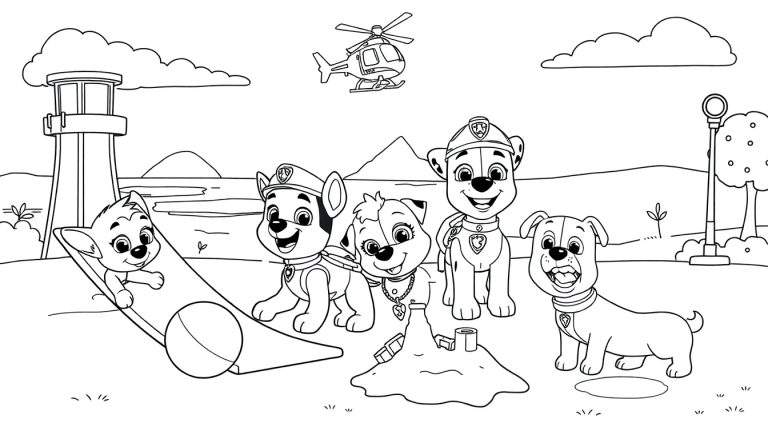 Paw Patrol pups enjoy a day at the beach, with pups on a slide, by a sandcastle, and two standing, all within a black and white color panel.