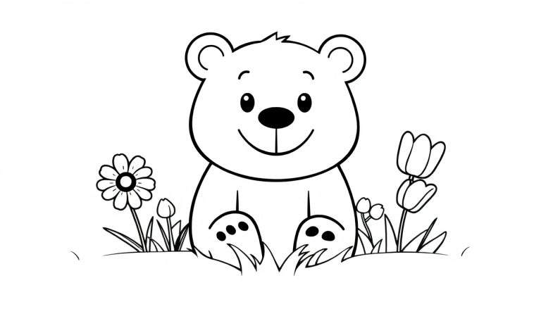A cute cartoon bear sits in a field of flowers, a black and white coloring page with a cheerful vibe, perfect for a color panel activity.