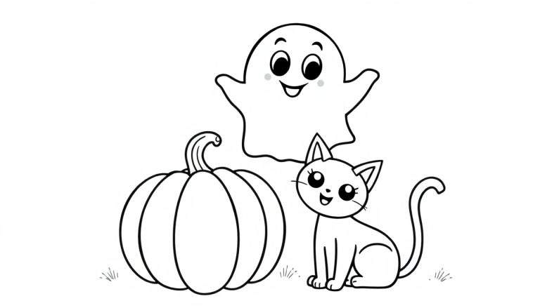 A cute black and white Halloween coloring page color panel with a ghost, pumpkin, and cat.