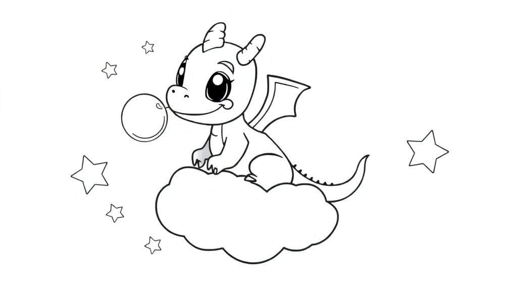 A cute baby dragon is about to blow a bubble on a fluffy cloud, perfect for a coloring panel.
