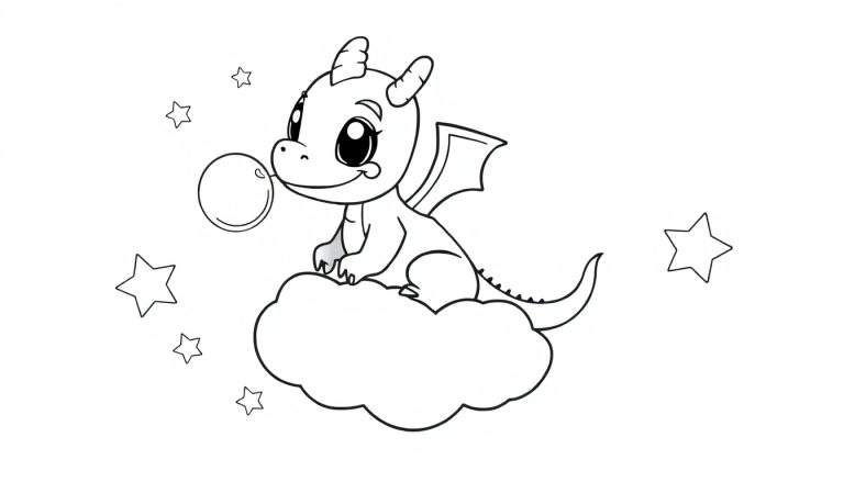 A cute baby dragon is about to blow a bubble on a fluffy cloud, perfect for a coloring panel.