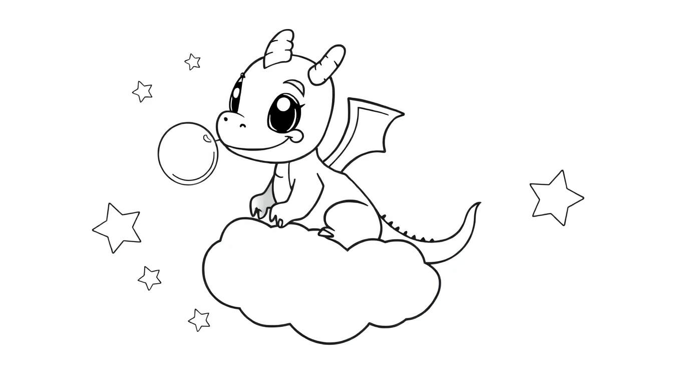A cute baby dragon is about to blow a bubble on a fluffy cloud, perfect for a coloring panel.