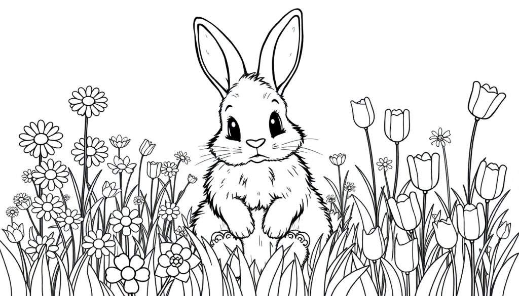 A black and white color panel drawing of a fluffy bunny in a flower field.