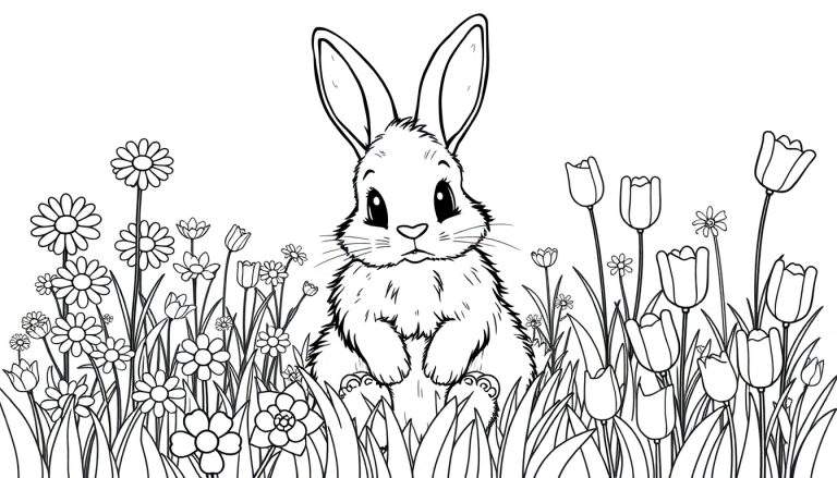 A black and white color panel drawing of a fluffy bunny in a flower field.
