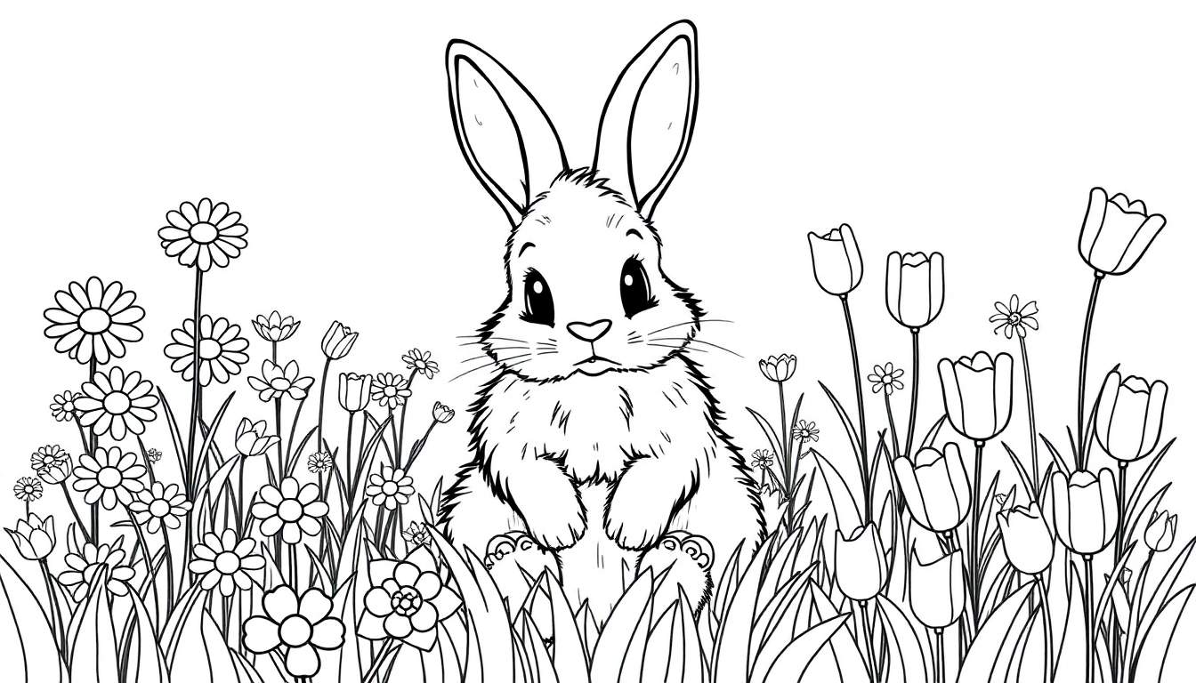 A black and white color panel drawing of a fluffy bunny in a flower field.