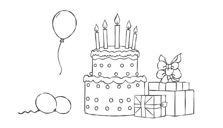A cute birthday cake with candles, balloons, and presents color panel.