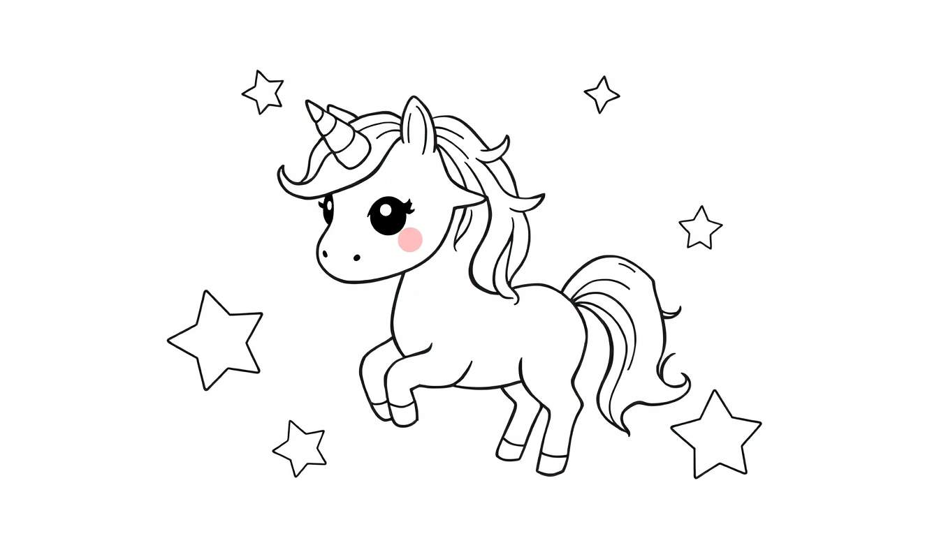 A cute unicorn in a color panel, ready for coloring fun with stars.
