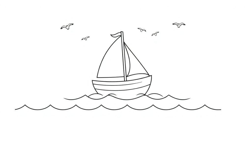 A sailboat with two sails and a flag on wavy ocean lines, with stylized birds above, in a black and white line drawing for a color panel.