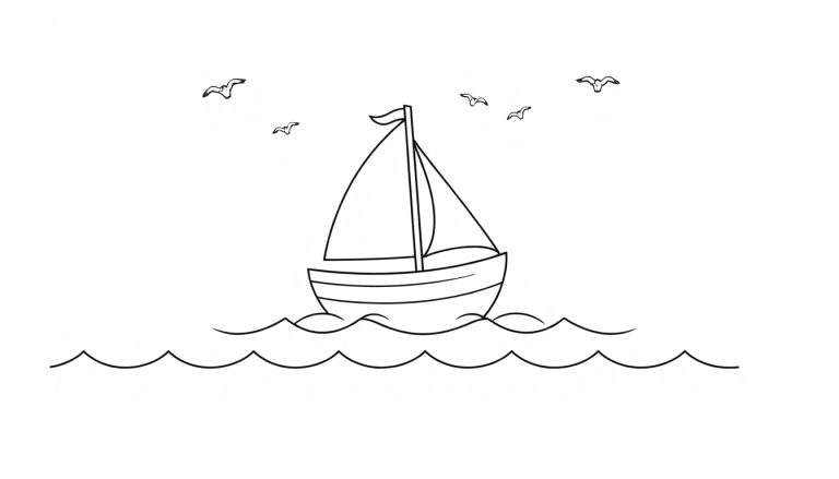 A sailboat with two sails and a flag on wavy ocean lines, with stylized birds above, in a black and white line drawing for a color panel.