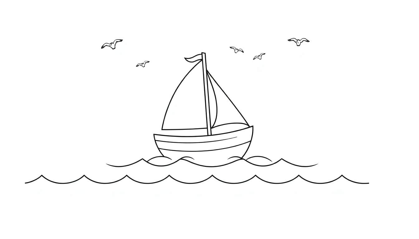 A sailboat with two sails and a flag on wavy ocean lines, with stylized birds above, in a black and white line drawing for a color panel.