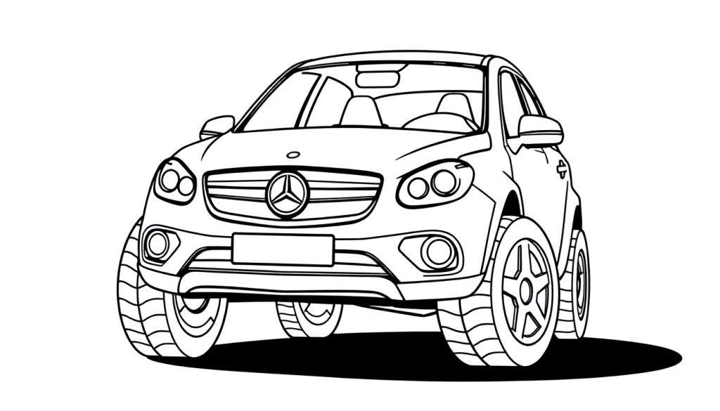 A black and white line drawing of a cartoon Mercedes-Benz SUV, perfect for a color panel.