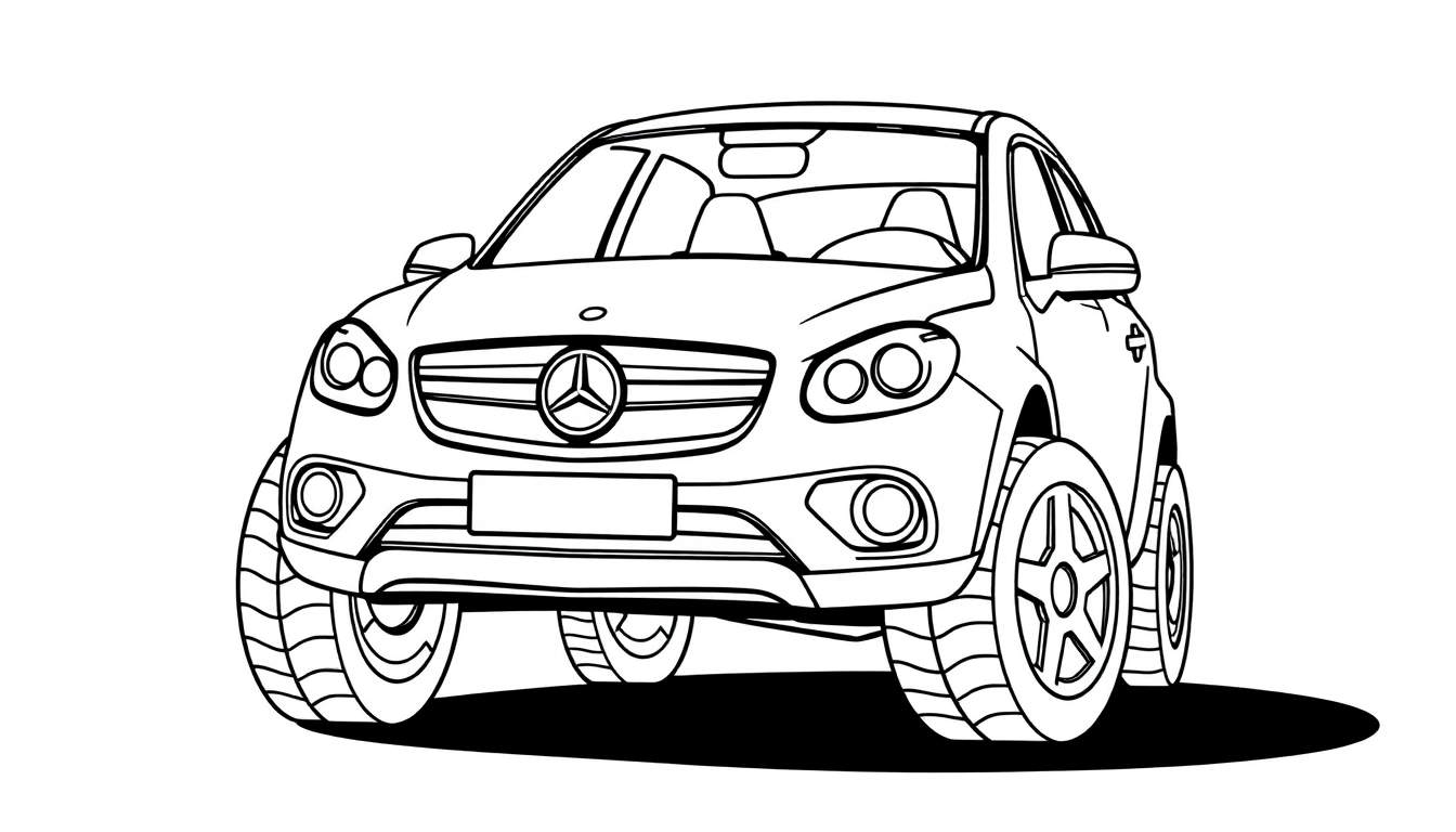 A black and white line drawing of a cartoon Mercedes-Benz SUV, perfect for a color panel.