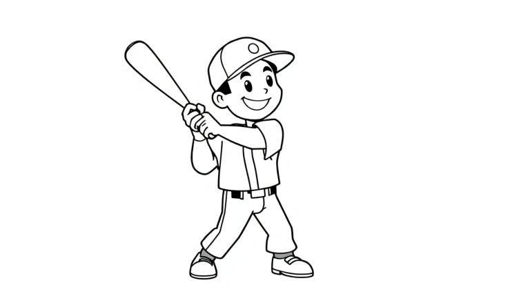 A cute cartoon baseball player in a black and white color panel, ready to hit a home run!