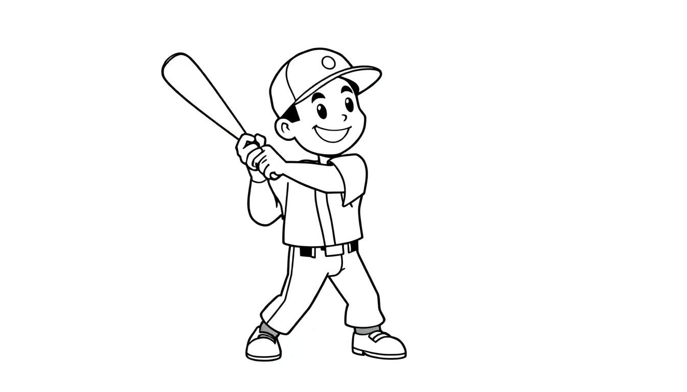 A cute cartoon baseball player in a black and white color panel, ready to hit a home run!