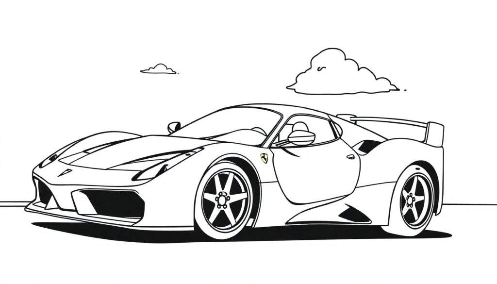A black and white line drawing of a Ferrari sports car, ready for a color panel adventure.
