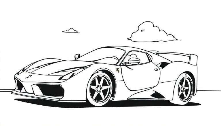 A black and white line drawing of a Ferrari sports car, ready for a color panel adventure.