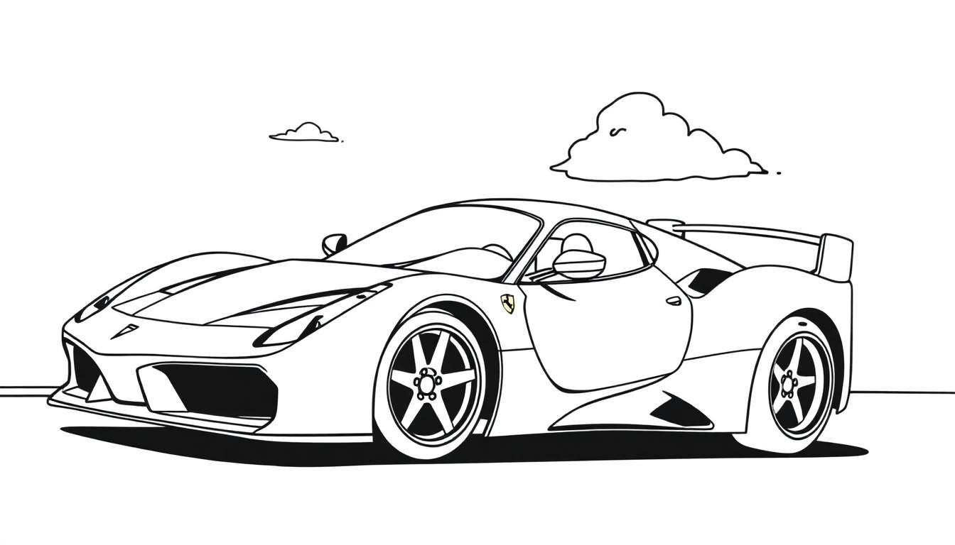 A black and white line drawing of a Ferrari sports car, ready for a color panel adventure.